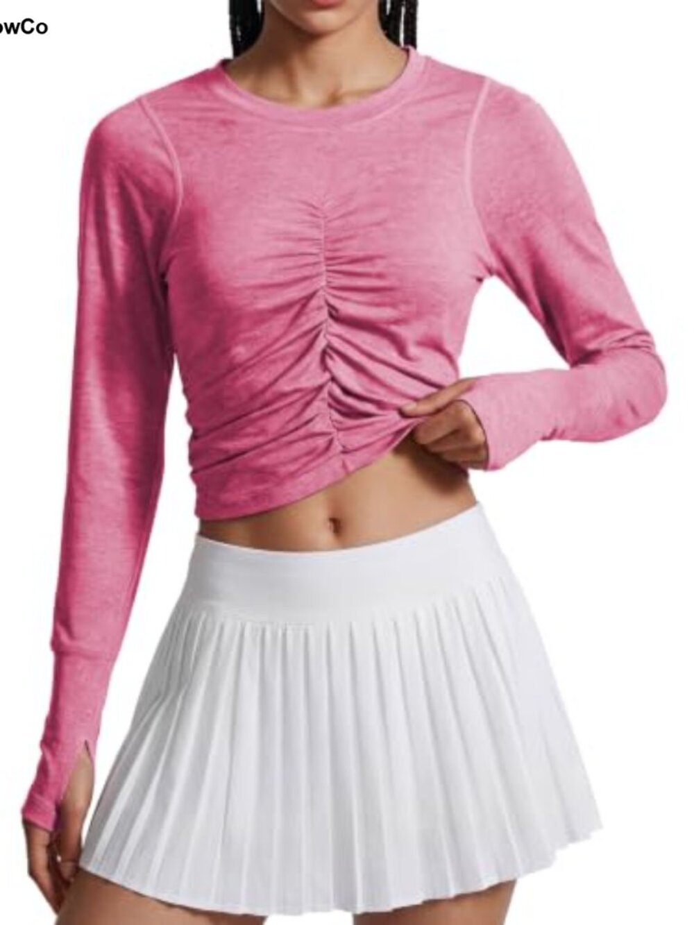Long Sleeve Cropped Sport Shirt Cationic Blend Thumb Holes Ruched